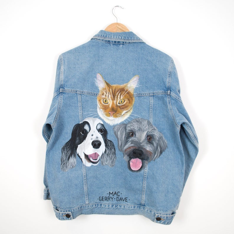 Custom hand painted denim jeans jacket, vest, pet portrait, nature